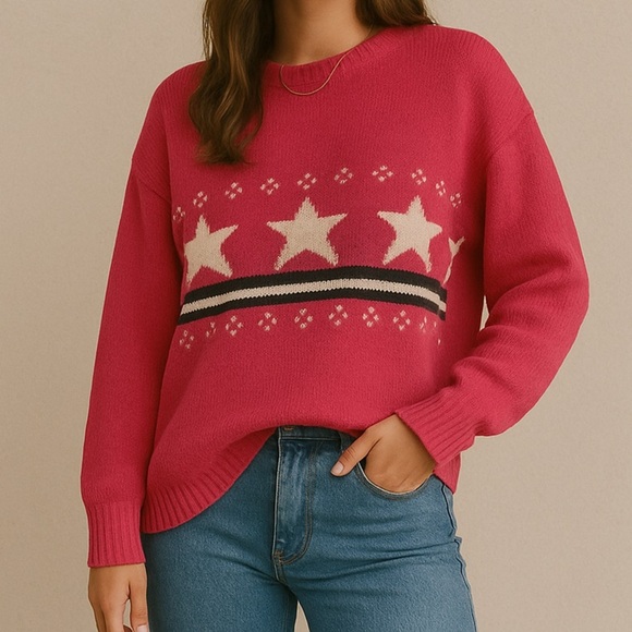 Vintage 100% Wool Pink Star Crewneck Sweater L Made in 🇨🇦 - Picture 1 of 14